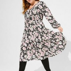 Torrid plus floral swiss dot long sleeves tiered midi dress, 3XL, black